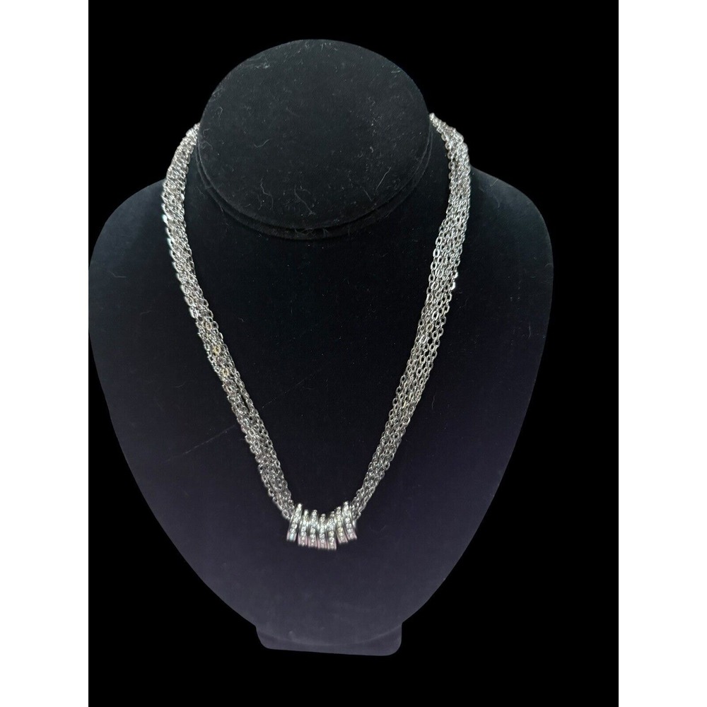 Silver Tone Multi Strand Chain Necklace Crystal Pave Rondelle Slider Rings